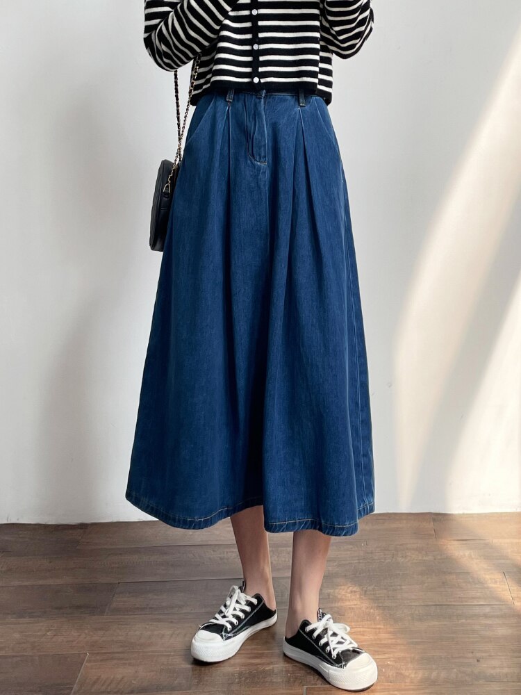 Spring Summer Denim Skirts Women Casual High Waist A-line Skirts Lady Loose Vintage Dark Blue Skirts