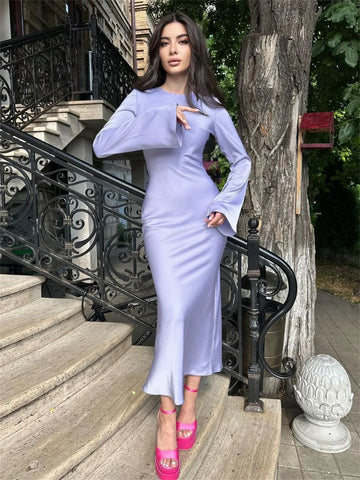 Solid High Waist Fashion Maxi Dress For Women Long Sleeve Patchwork Slim Elegant Party Dress Autumn Female Long Dress