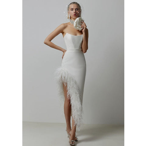 New Women Sexy Strapless Black White Feather Midi Bandage Dress Split Knitted Elegant Evening Bodycon Party Dress