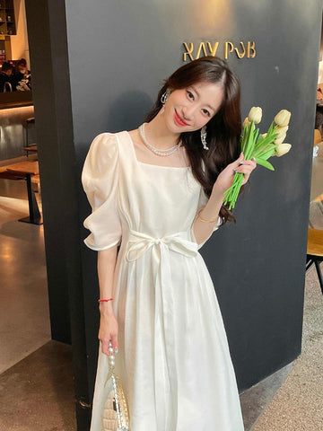 Solid Sexy Casual Bow Square Collar Short Puff Sleeve Evening Midi Dresses for Women Summer New Maxi Dress Elegant Clothing