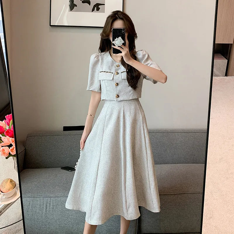 Small Fragrant New Summer Fashion Korean Sweet Elegant 2 Piece Set Women Coat Top + Midi Skirt Suits Womens Two Peice Sets