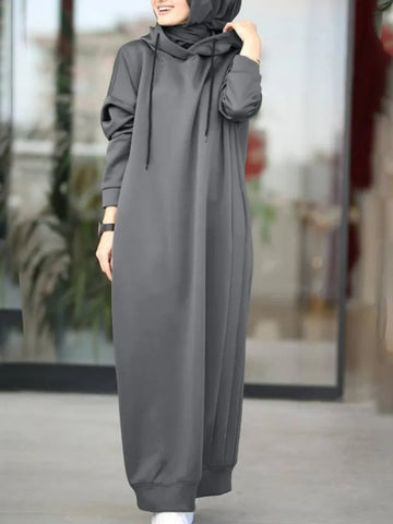 Muslim Dress Women Sweatshirt Dress Stylish Hoodies Long Sleeve Maxi Dress Female Casual Solid Hooded Vestidos Robe S-3XL