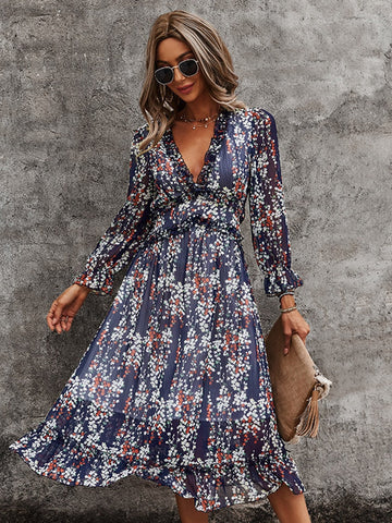 Sexy V Neck Floral Dress Ladies Butterfly Sleeve High Waist Casual Print Dresses For Women Summer Chiffon Dress