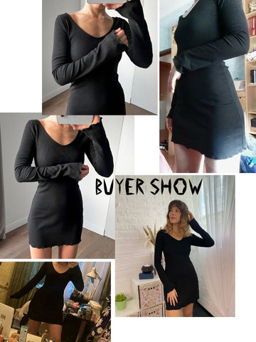 Casual Frill Long Sleeve Black Female Dress Slim Spring Autumn Mini Dresses Basic Fashion Elegant Outfits Korean Chic