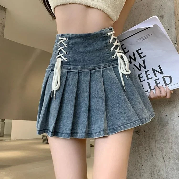 Korean Chic Blue Denim Skirt for Women Summer New High Waist A-line Skirts Y2k E-Girl Drawstring Bow Faldas Mujer