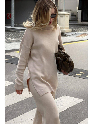 Elegant Solid Turtleneck Sweater Women Loose Long Sleeve Split Knitted Pullover New Autumn Winter Casual Female Thick Warm Tops