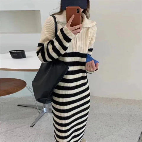 Korean Chic Big Lapel Zipper Stripe Mid Length Knit Dress Autumn Winter Pullover Long Sleeve Loose Warm Women Dress  New