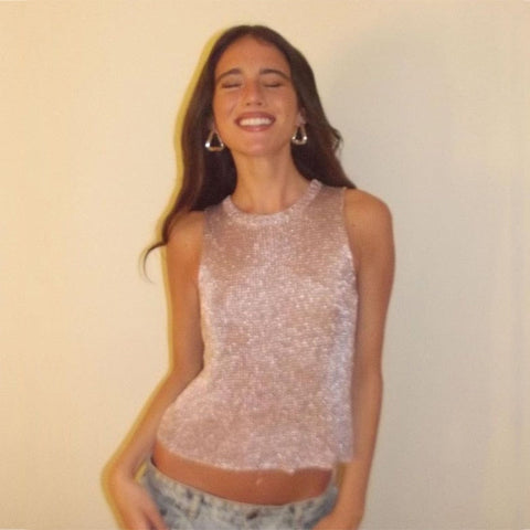 Sexy Bright Silk Knitted Top Women Y2K Fashion Hollow Out See Through Slim Tank Top Summer Sleeveless Glitter Tops Streetwear