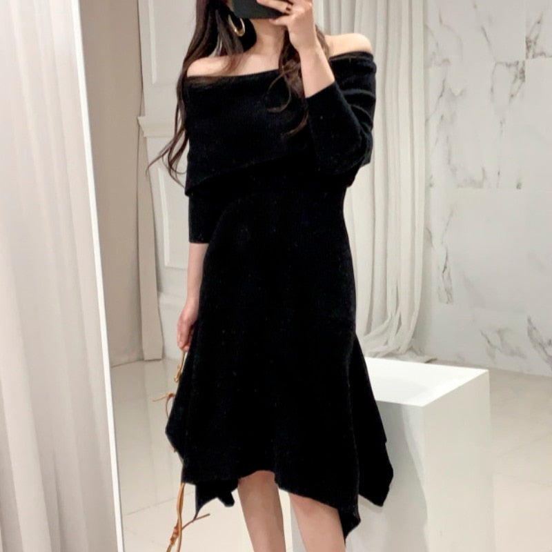 Vintage Sexy Slash Neck Long Sleeve Ruffle Hem Long Sweater Dress Women Slim Waist Irregular Elastic Knitted Dresses Winter