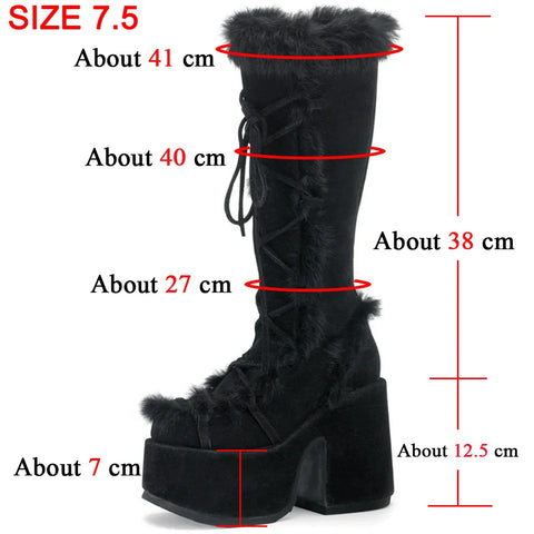 Platform Furry Boots Chunky High Heeled Winter Autumn Knee High Boots Women Faux Fur Zip Gothic Style Punk Shoes Ladies