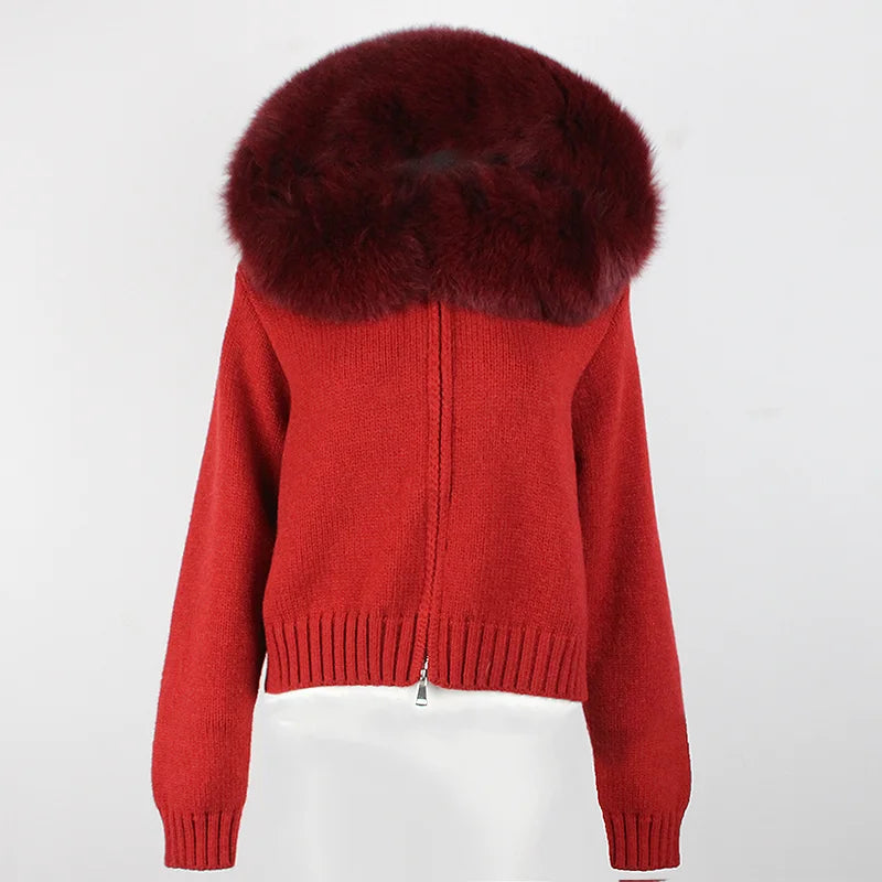 Fashion Autumn Winter Casual Hooded Real Fox Fur Collar Fashion Short Knitted Jacket with Natural Fur Coat for Women