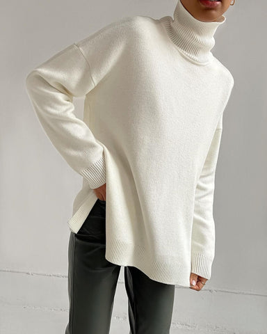 Elegant Solid Turtleneck Sweater Women Loose Long Sleeve Split Knitted Pullover New Autumn Winter Casual Female Thick Warm Tops