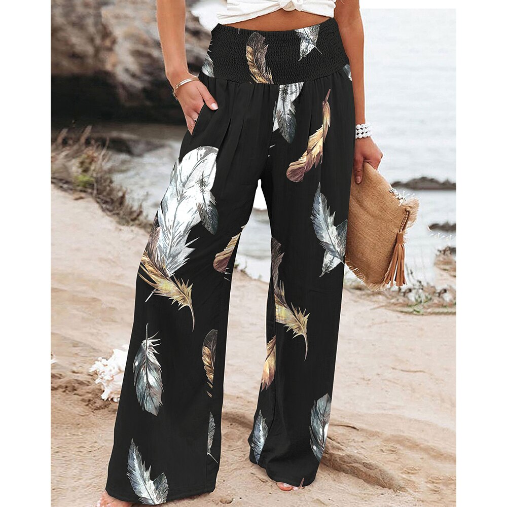 Ninimour Women Spring Summer Casual Loose Long Trousers Feather Print Pocket Design High Waist Wide Leg Pants Holiday Pants