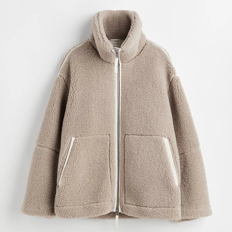 Grey Wool Fleece Stand Collar Women's Coat Lambswool Zipper Up Long Sleeve Loose Jackets  Autumn Winter Chic Casual Outwears