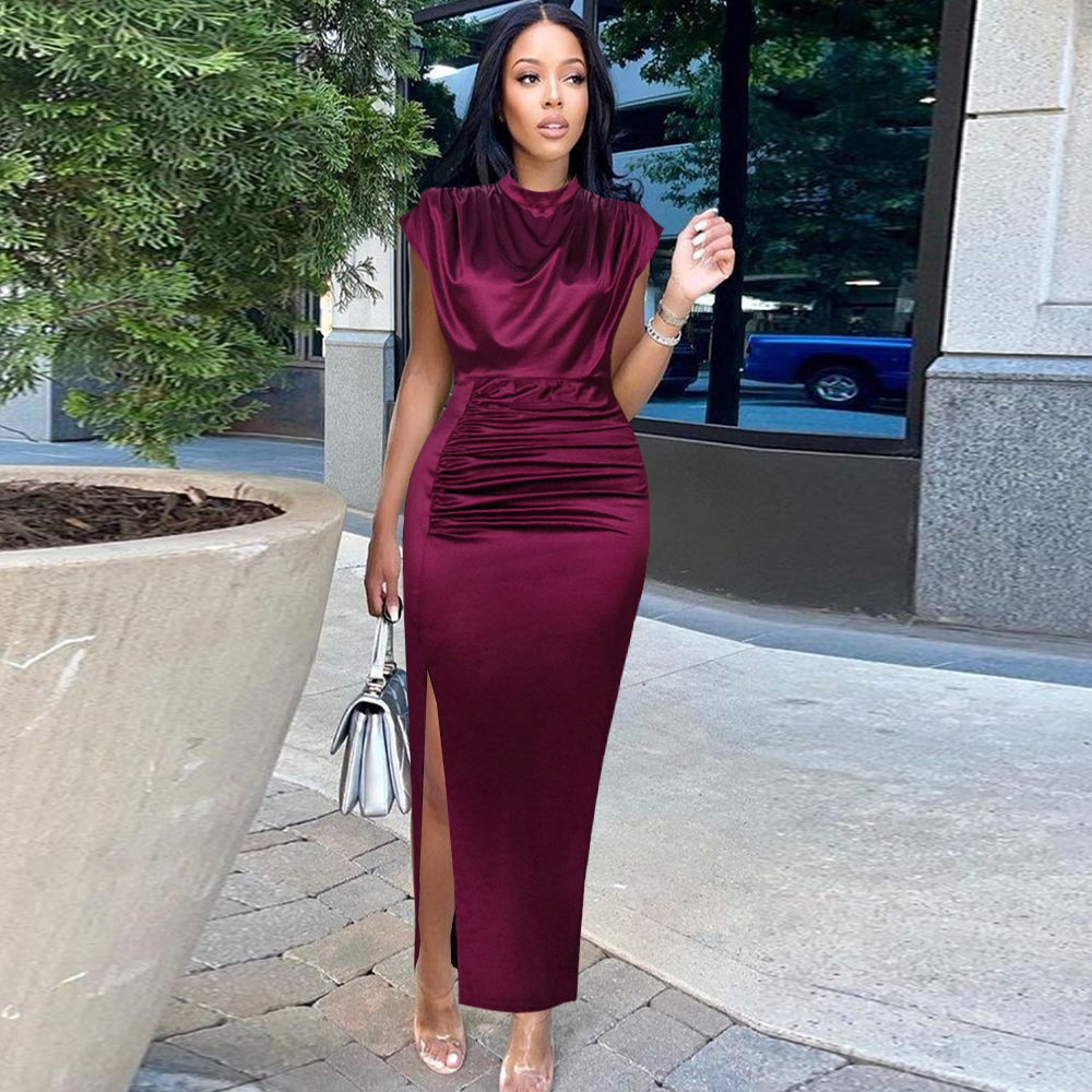 Pbong mid size graduation outfit romantic style teen swag clean girl ideas 90s latina aestheticWomen Dress Pleated Long Wine Red Elegant Slit High Collar Slim Fit Sleeveless Maxi Robes Female Shiny Gowns Party Spring