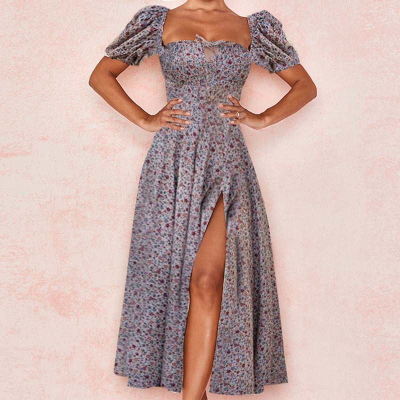 Women Floral Print Long Dress Summer Chic Short Sleeve Square Collar Split A Line Party Sundress Ladies Holiday Beach Vestidos