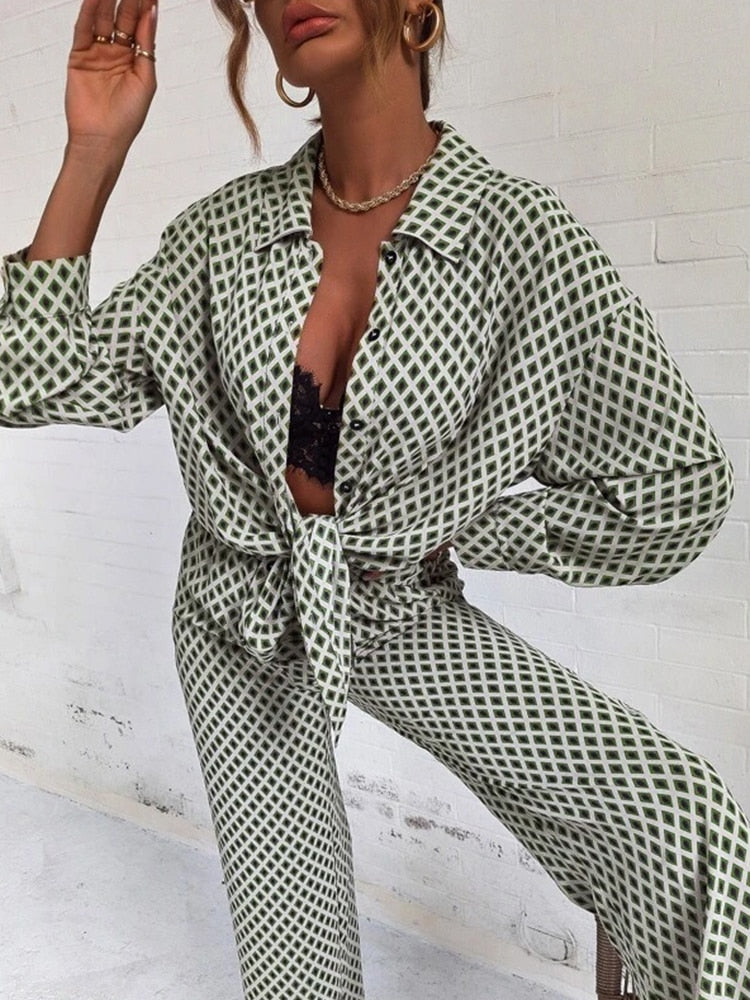 New Fashion Commuter Outfits Women Lapel Long Sleeve Shirt + Wide Leg Long Straight Pants Casual Print High Street Two Piece Set