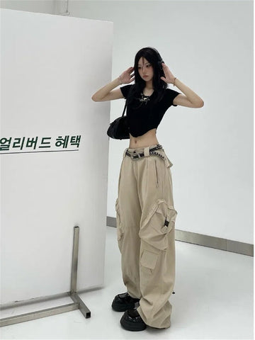 Y2K Khaki Cargo Parachute Pants Women Harajuku Korean Fashion Oversized Gray Wide Leg Trousers Female 90s Retro Tactical