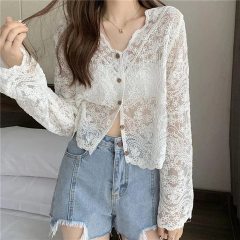 Vintage Lace Blouse Women Sheer Long Sleeve Sunscreen Shirt Cardigan Vacation Korean Elegant Casual Sun Protection Top