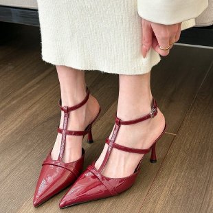 Solid Pointed Toe Slingbacks Patent Leather High Heels Buckle Strap Stiletto Pumps Metal Decor Women Shoes Sexy Shallow Zapatos