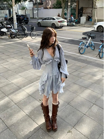 Y2k Fairycore V-neck Long Sleeve Ruched A-line Dress for Women+ Slim Fit Mesh Cummerbund Spring New Blue Two Piece Sets