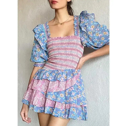 mixed floral prints ruffled party dress puff sleeve square neck smocked sexy laides dress mini chic summer dress