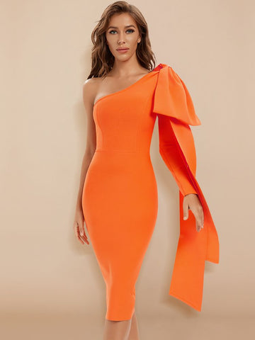 Pbong  mid size graduation outfit romantic style teen swag clean girl ideas 90s latina aestheticBodycon Women Dress  Sexy One Shoulder Long Sleeve Orange Black Blue Bow-Knot Wedding Evening Party Dresses Vestido