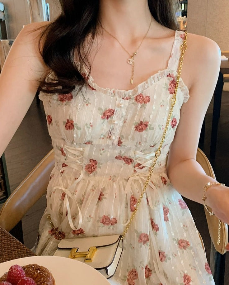 Floral Elegant Slip Dress Women Belt Designer Korean Fashion Party Dress Female Casual Vintage Chic Summer One-piece Dress