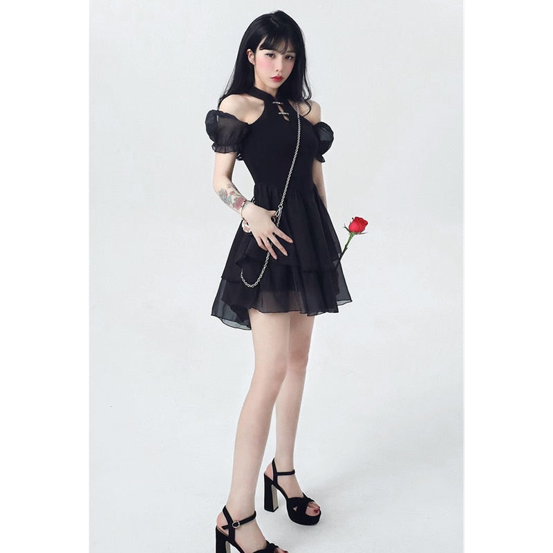 Chinese Dress Women Summer New Sexy Puff Short Sleeves Short Skirt Black Fashion Gothic Streetwear Design Fishbone Skirt Dress
