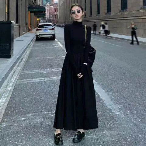 New French Style Temperament Women's High-Grade Black Dress Hepburn Style Gray Turtleneck Dress for Women Autumn and Winter