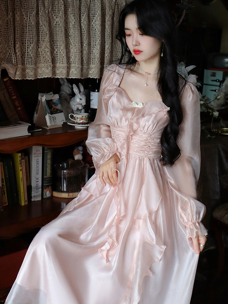 Autumn Vintage Party Midi Dress Women Pink Fairy Korean Style Sweet Dress Female Bubble Sleeve Elegant Evening Party Dress