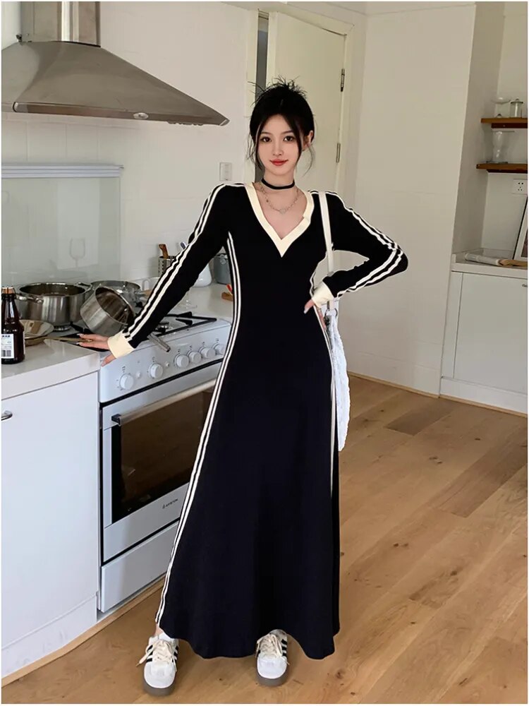 French Striped V-neck Long-sleeved Dress Women Fall Clothes Vintage Robe Casual Loose Dresses Korean Fashion Vestidos De Fiesta