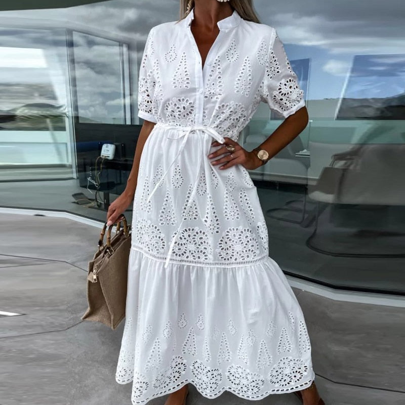 Elegant Lace Embroidery Stitch Pleated Dresses Womem Fashion Stand Collar Button-up Linen Party Dress Chic Hollow Formal Dress