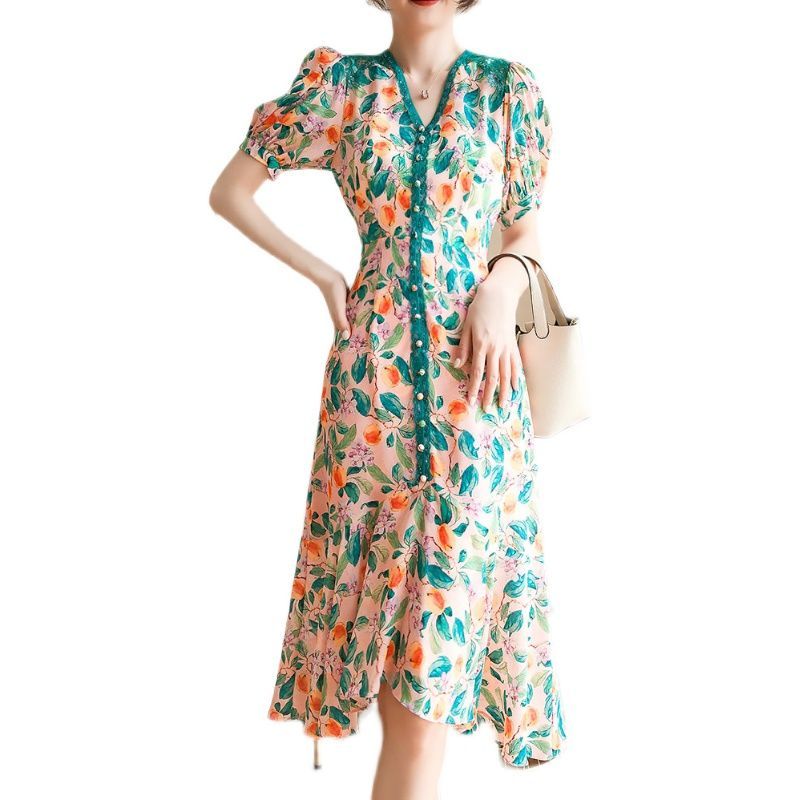 French slim chiffon floral Dress Spring Summer mid-length V neck short-sleeved irregular fishtail Dress Women