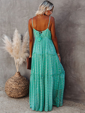 Long Dress Women Sleeveless V Neck Spaghetti Strap Summer Maxi Dress Boho Pleated Loose Beach Dress Robe Femme Vestido De Mujer