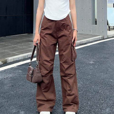 Cyber Y2K White Cargo Pants Women Korean Style Egirl Brown Wide Leg Trousers Oversized Streetwear Hip Hop Pleated Pantalon