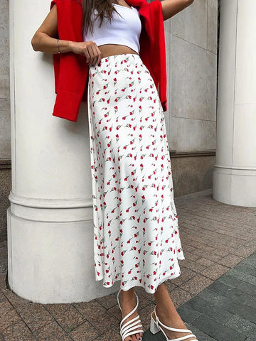 Cherry Printed Skirt Women Spring High Waist A-shaped Fish Tail Skirts Elegant Fashion Patchwork Loose Long Skirt New