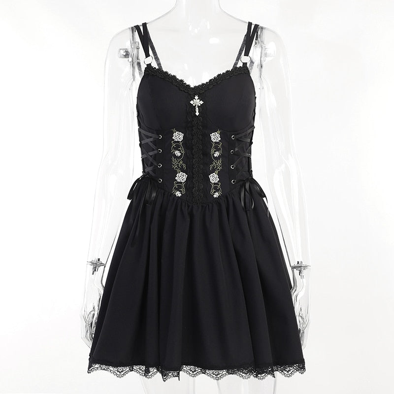 Gothic Sexy Black V Neck Lace Up Dress Y2K Aesthetic Grunge Punk High Waist Lace Trim Corset Dresses Ladies Party Dress