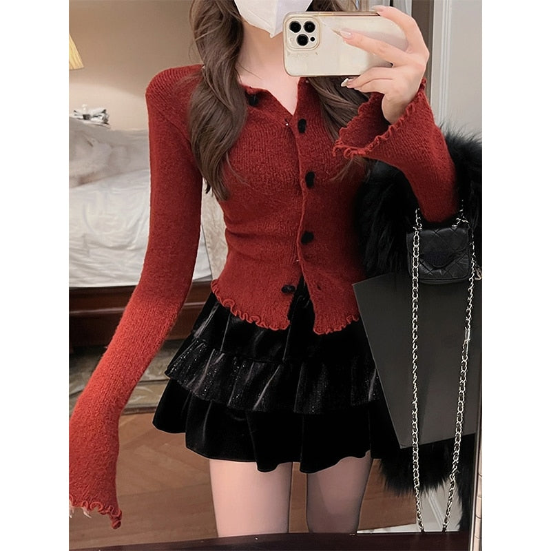 Spring Red Knitted Cardigan Women Long Sleeve Slim Sweater Office Lady Outwear Y2k Crop Tops Female Korean Fashion Clothing