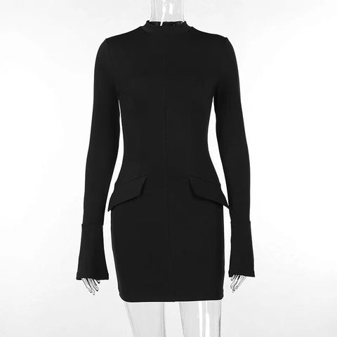 Dark Blue Two Pocket Sexy Mini Dress For Women Autumn Winter New Long Sleeve Bodycon Club Party Dress Elegant