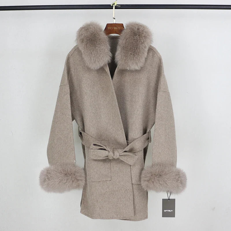 New Oversize Loose Cashmere Wool Blends Real Fur Coat Winter Jacket Women Natural Fox Fur Collar Hood Outerwear Belt