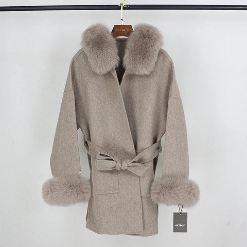 New Oversize Loose Cashmere Wool Blends Real Fur Coat Winter Jacket Women Natural Fox Fur Collar Hood Outerwear Belt