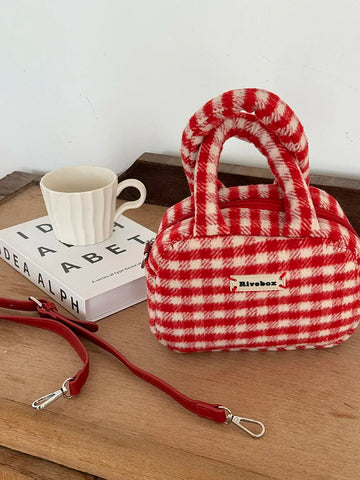 Red Christmas Plaid Women's Shoulder Bag Vintage Female Small Crossbody Bags Retro Woolen Girls Clutch Handbags Tote Purse