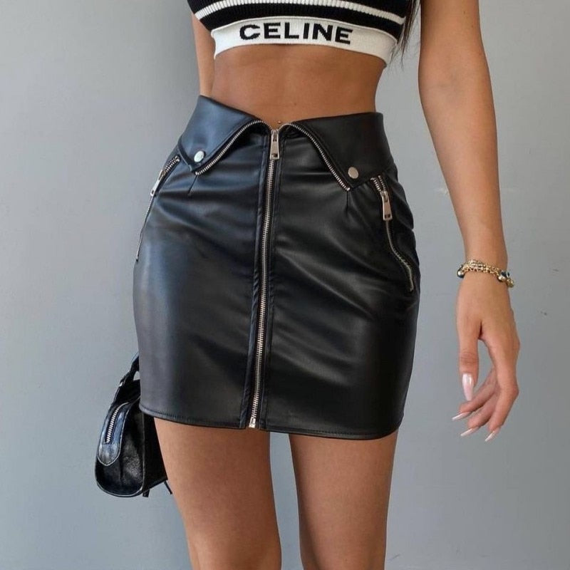 Fashion Zip Up PU Leather Skirts for Women Fashion Outfits Mini Skirt Bottom Streetwear Gothic Punk Grunge Clothes Spring