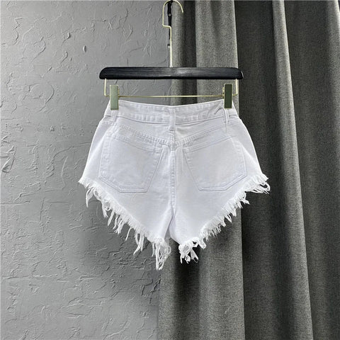 Fashion Korean White Jeans Hole Ripped Low Waist Denim Shorts Women