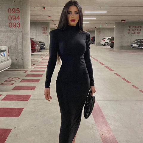 Autumn Sexy Y2K Clothes Long Sleeve Bodycon Midi Dresses For Women Club Party Streetwear Elegant Solid Outfits