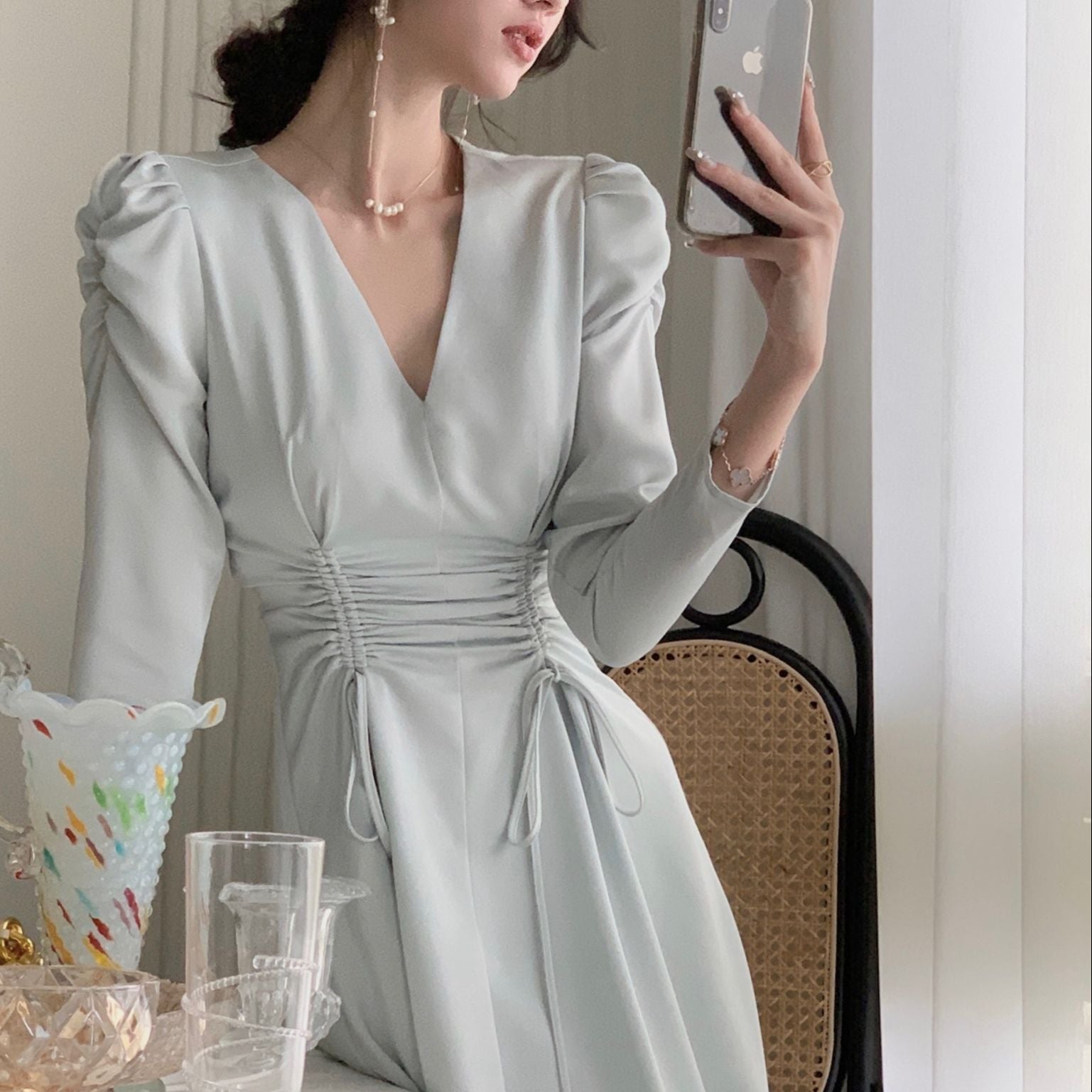 Autumn New Women Elegant Midi Satin Dress Long Sleeve Party Vestidos One Piece Drawstring Slim Spring Clothes