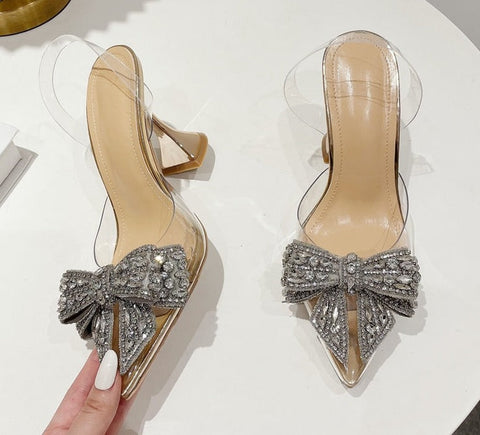 Fashion Crystal Sequined Bowknot Women Pumps Sexy Pointed Toe High Heels PVC Transparent Sandals Wedding Prom Shoes