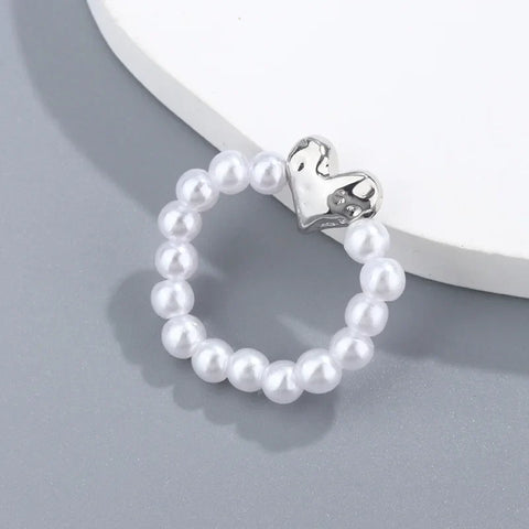 New Imitation Pearl Stretch Finger Rings for Women Girl Korean Fashion Sweet Heart Geometric Ring Jewelry Gift Party
