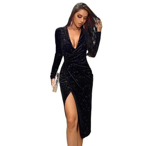 Long Sleeve Elegant Black Evening Dress Women Autumn Velvet  Sequin Club Midi Velvet Elegant Wrap Party Dresses with Slit